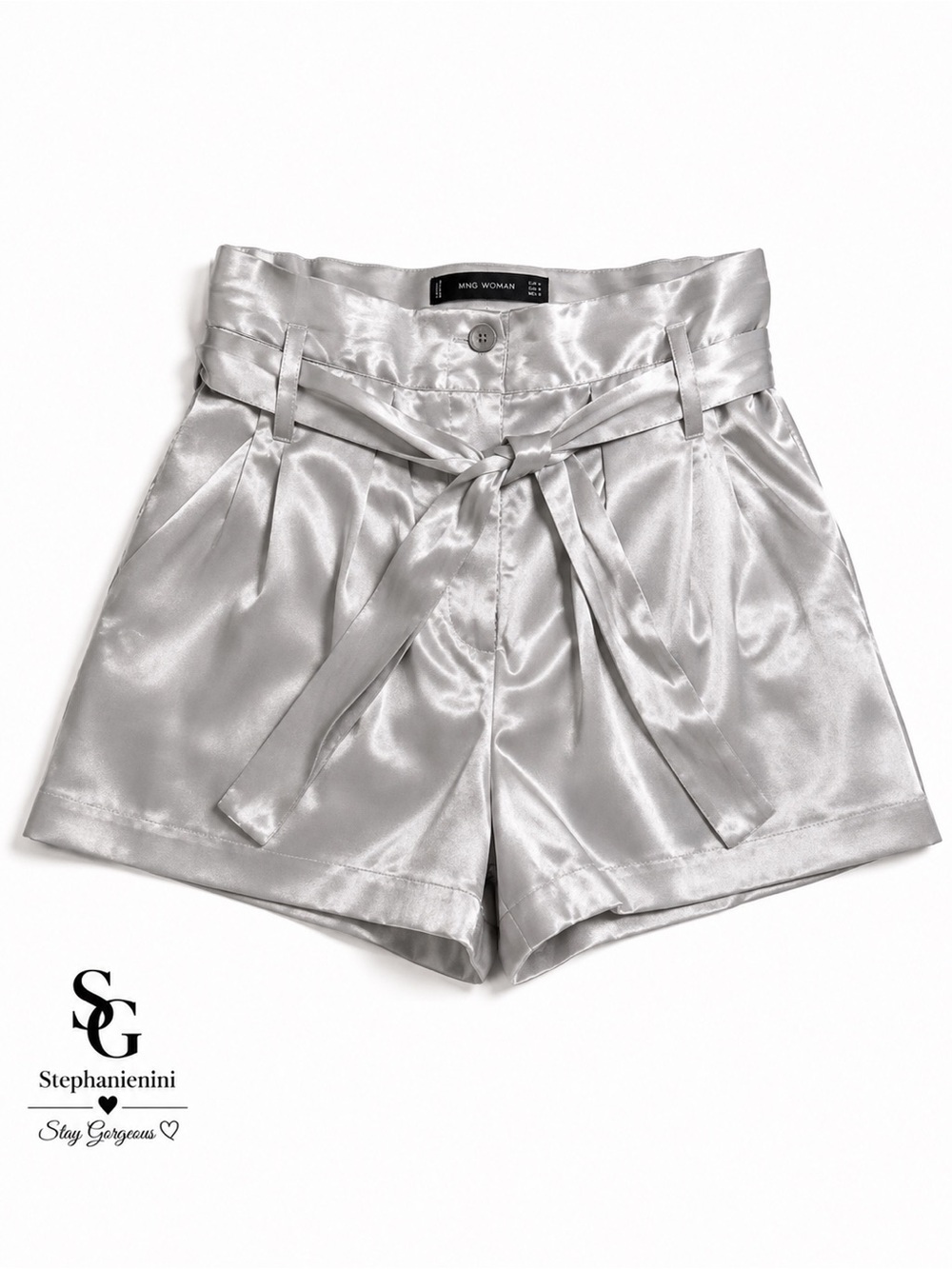 Silver Satin Paperbag Waist Shorts